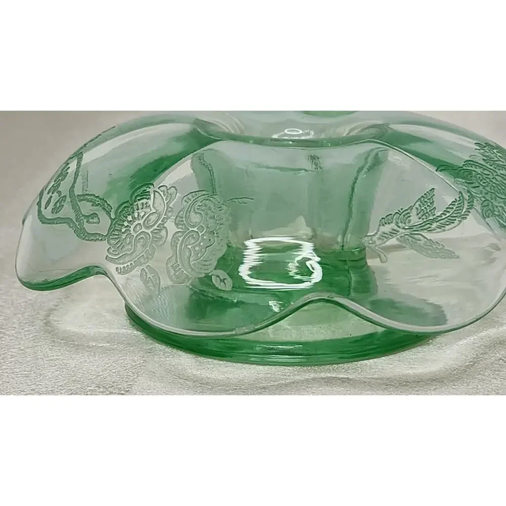 Vintage Paden City Peacock Wild Rose Green Glass Mushroom Candlestick READ